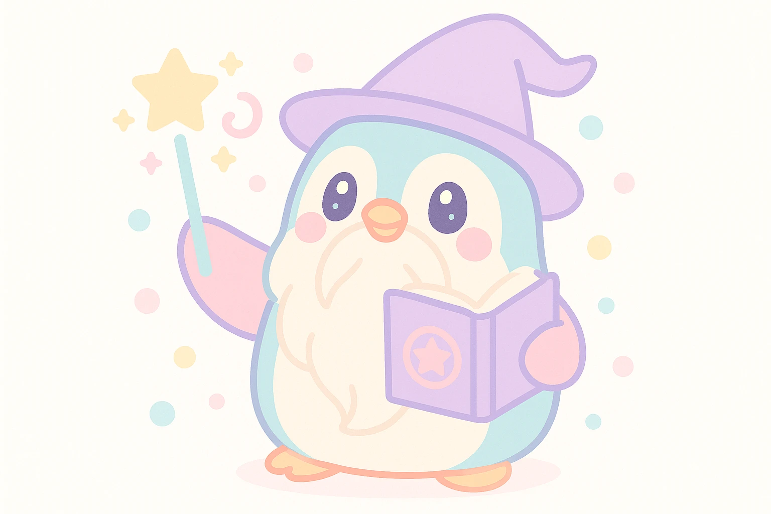 chubby penguin wizard casting a spell, with a long beard and a mystical book, charming and magical emoji