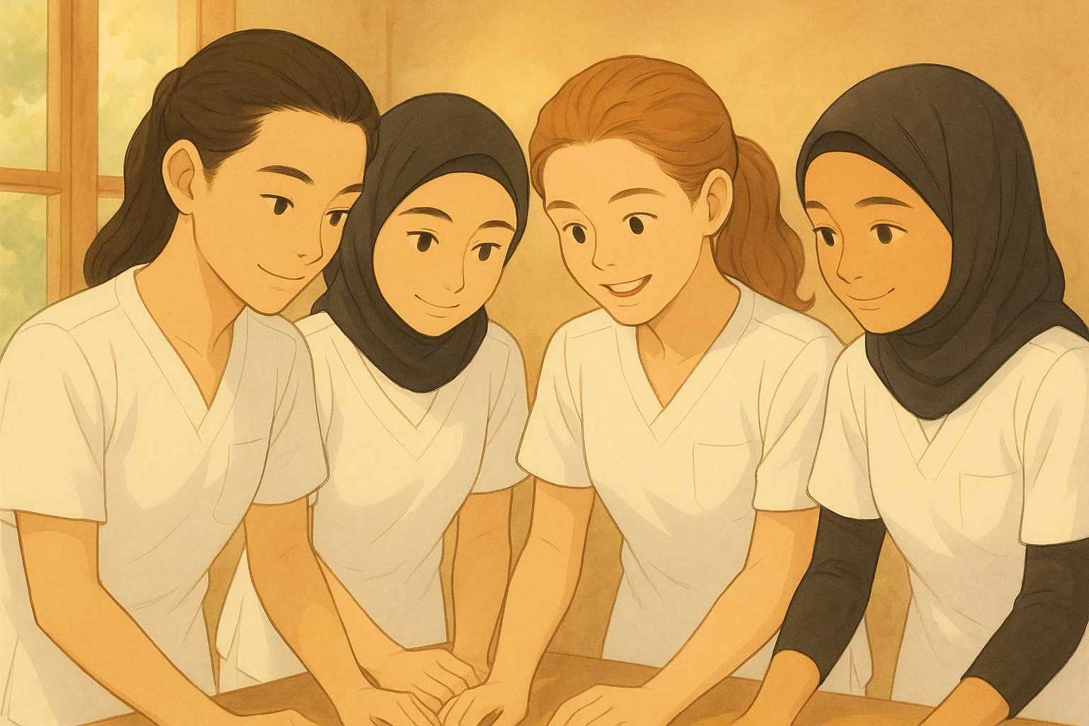 Four nursing students collaborating together in a warm and collaborative atmosphere, all with long hair tied back, bare forearms and arms, wearing white short-sleeve medical tunic-style tops resembling t-shirts with V-neck collars, no buttons, left chest pocket, no collars, no stethoscopes, no fabric extending beyond sleeves. Multiple variations of the scene with a soft Ghibli-inspired background. emoji