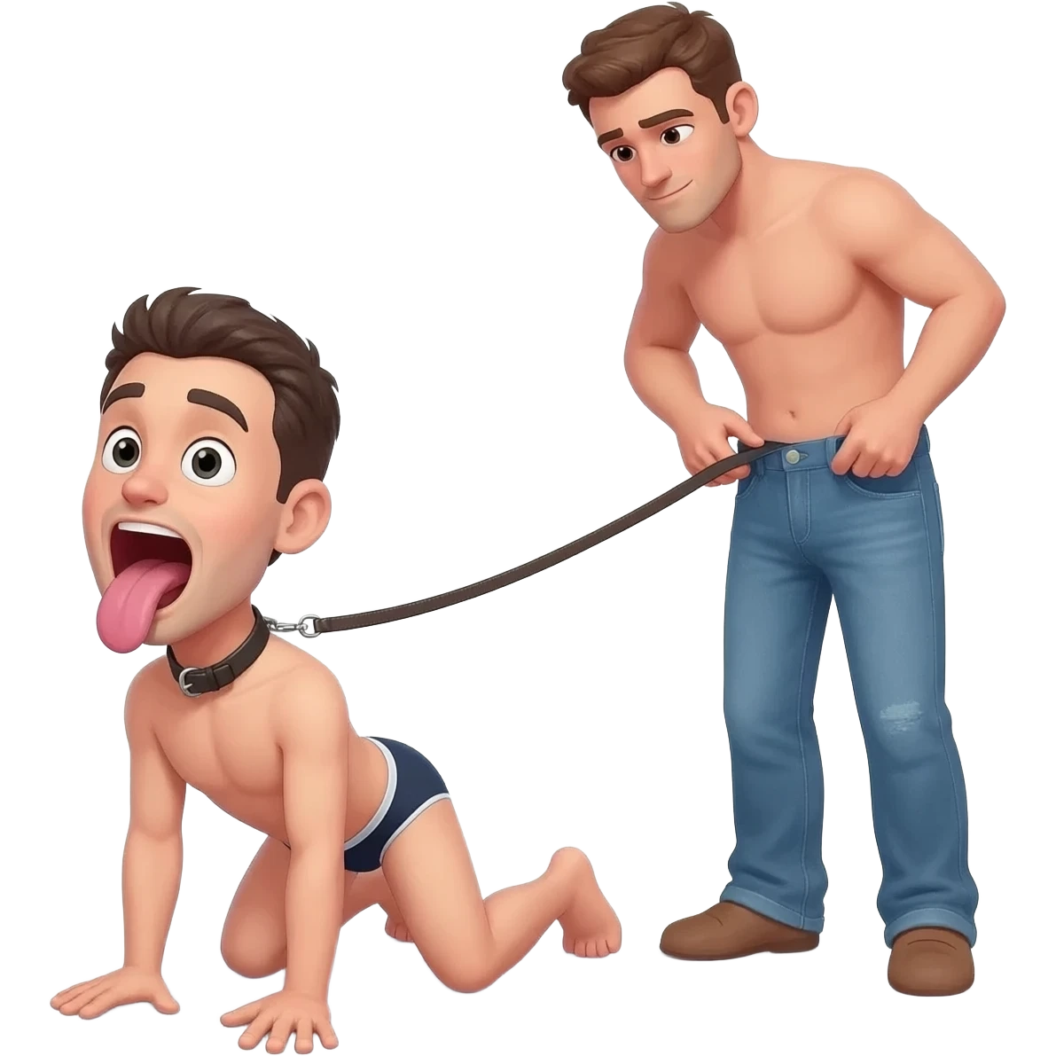 Skinny short guy in only underwear with mouth wide open and his tongue out on his hands and knees wearing a collar and leash held by a tall man wearing only jeans. Another man is taking his jeans off emoji