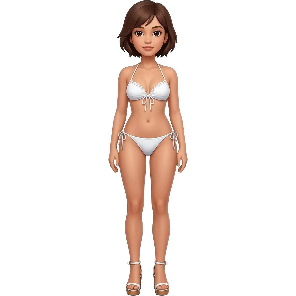 Filipino girl white push up bikini string full body slim stand straight with high heels sandals brown short hair emoji