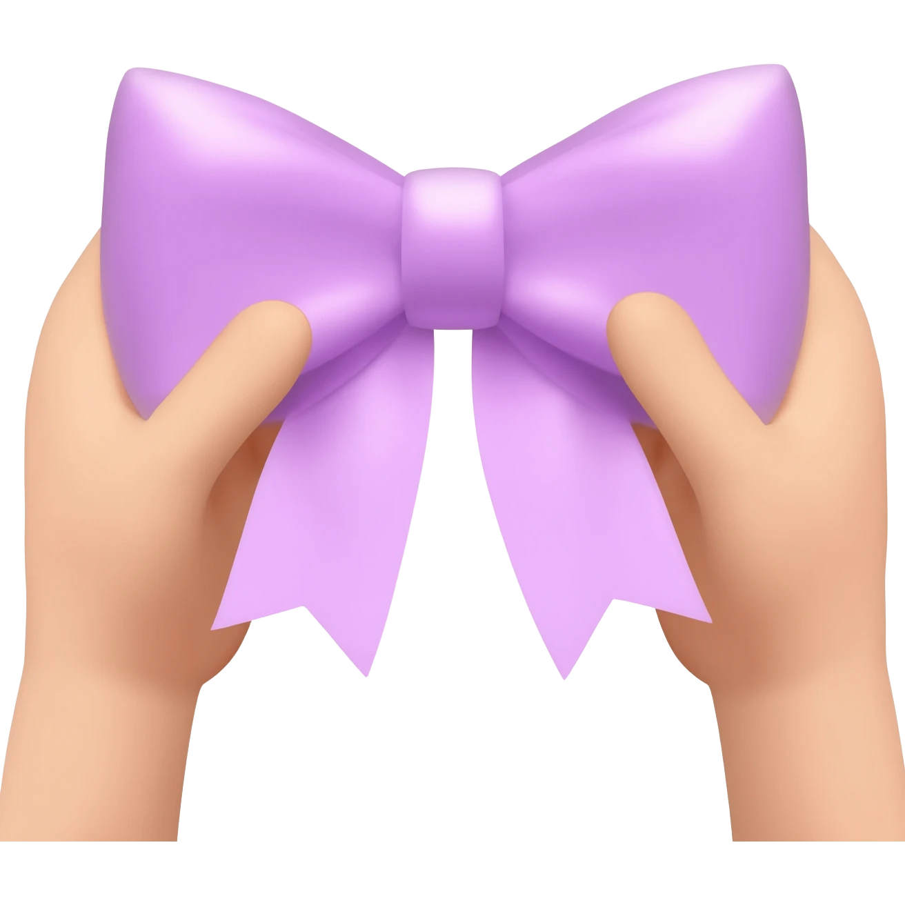Emoji style, two soft rounded hands holding a delicate pastel violet satin bow, coquette aesthetic, glossy finish, clean background, Apple iOS style. emoji