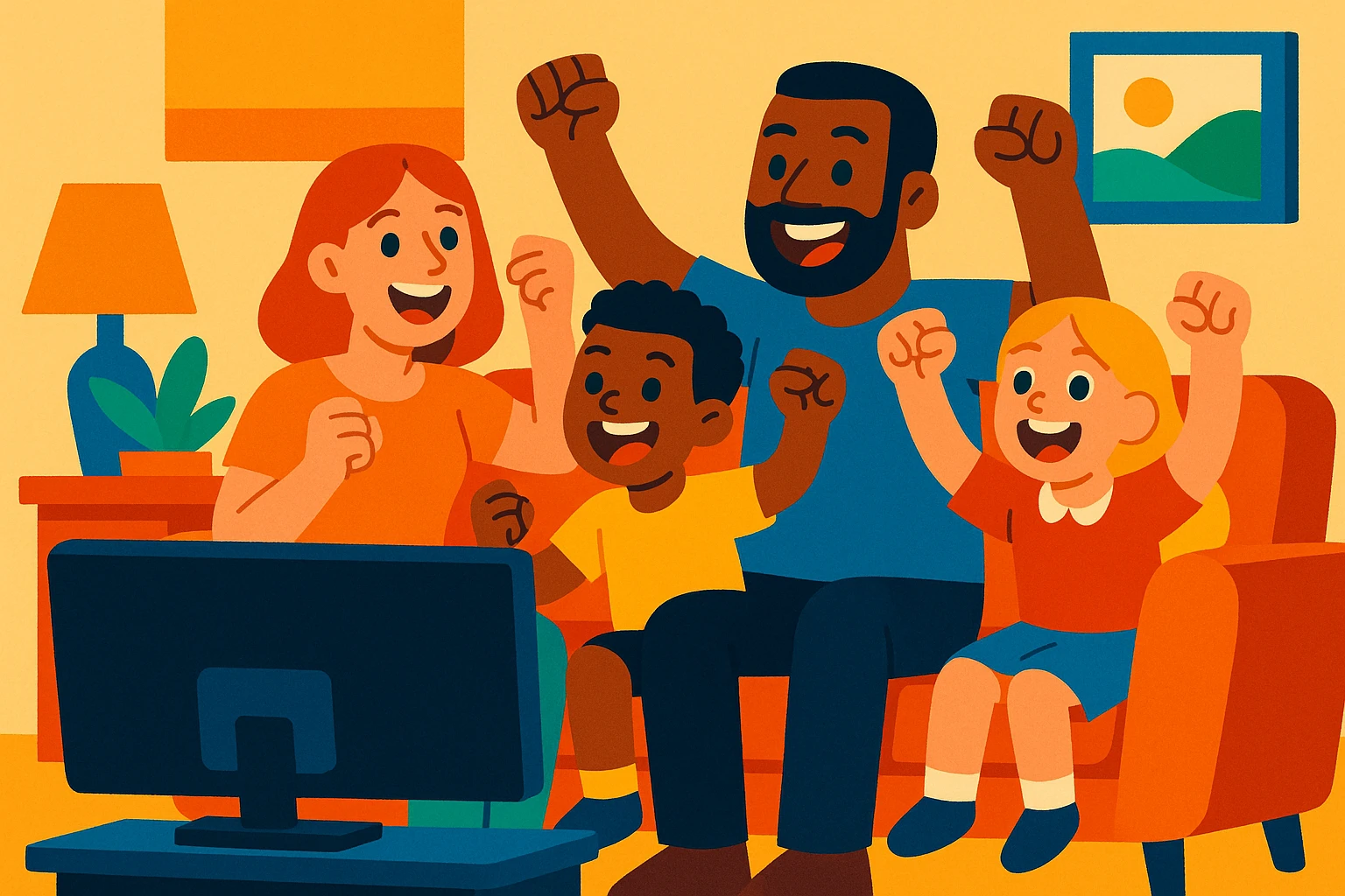 family cheering while watching a sports game on television in a cozy setting emoji