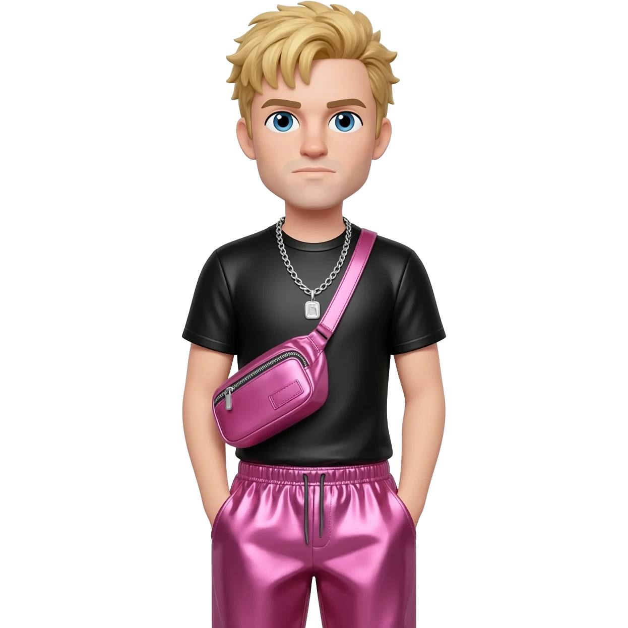 PewDiePie with blue eyes, blonde hair, black metallic t-shirt, pink metallic baggy pants, silver necklace emoji
