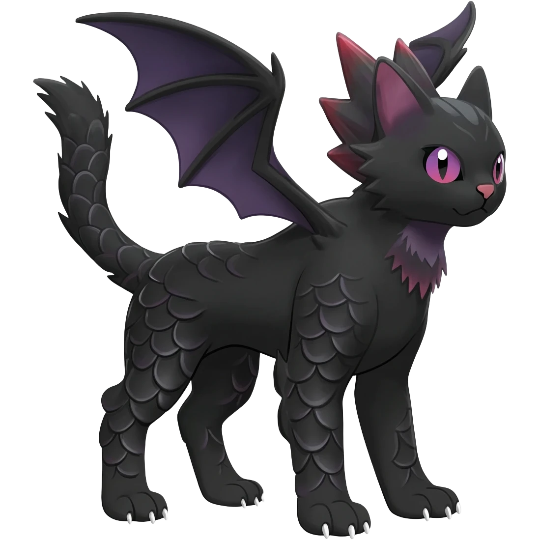 Black edgy Noivern-Noibat-Purloin-Torracat-Lykoi-Caracal-cat-Fakemon-fusion-hybrid-creature with scale markings emoji