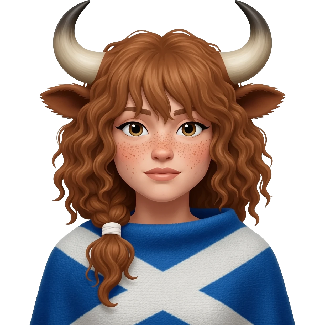 buff curly woman with freckles with messy light brown bangs covering the eyes with cow horns and cow brown ears with ribbon in her hair with body covered in Scottish flag like a blanket emoji