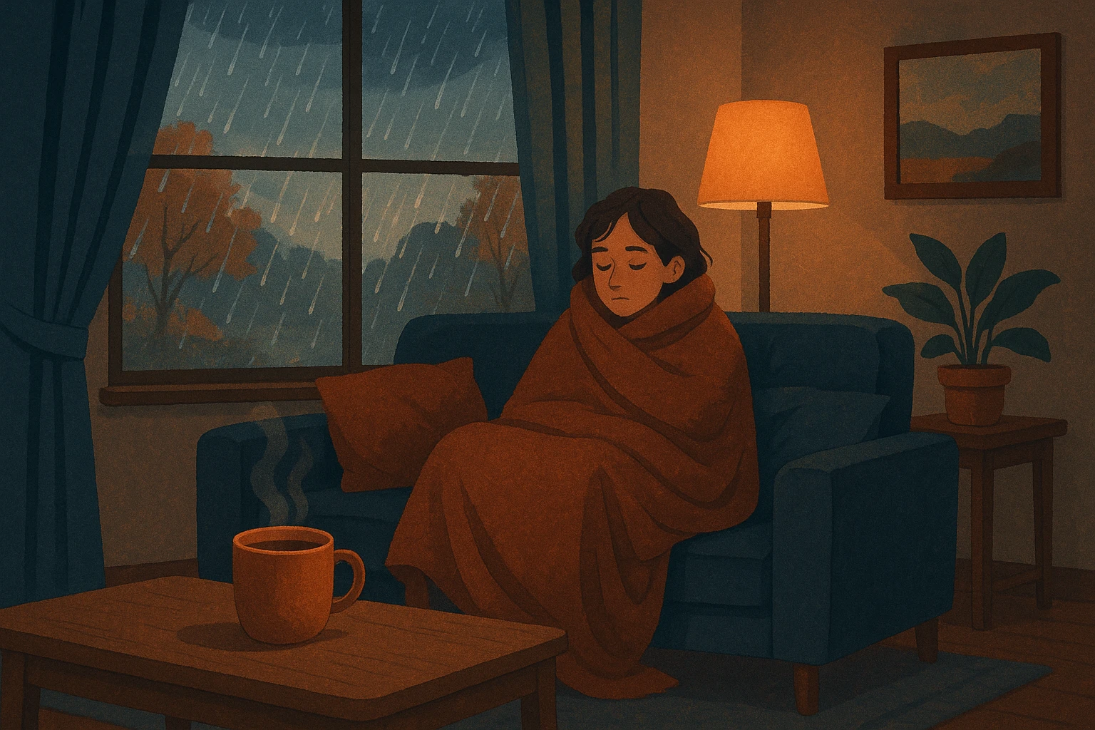cozy living room scene with warm lighting, a person wrapped in a blanket on a sofa, a mug of tea, and a window showing rainy weather outside, all in cool autumn shades emoji