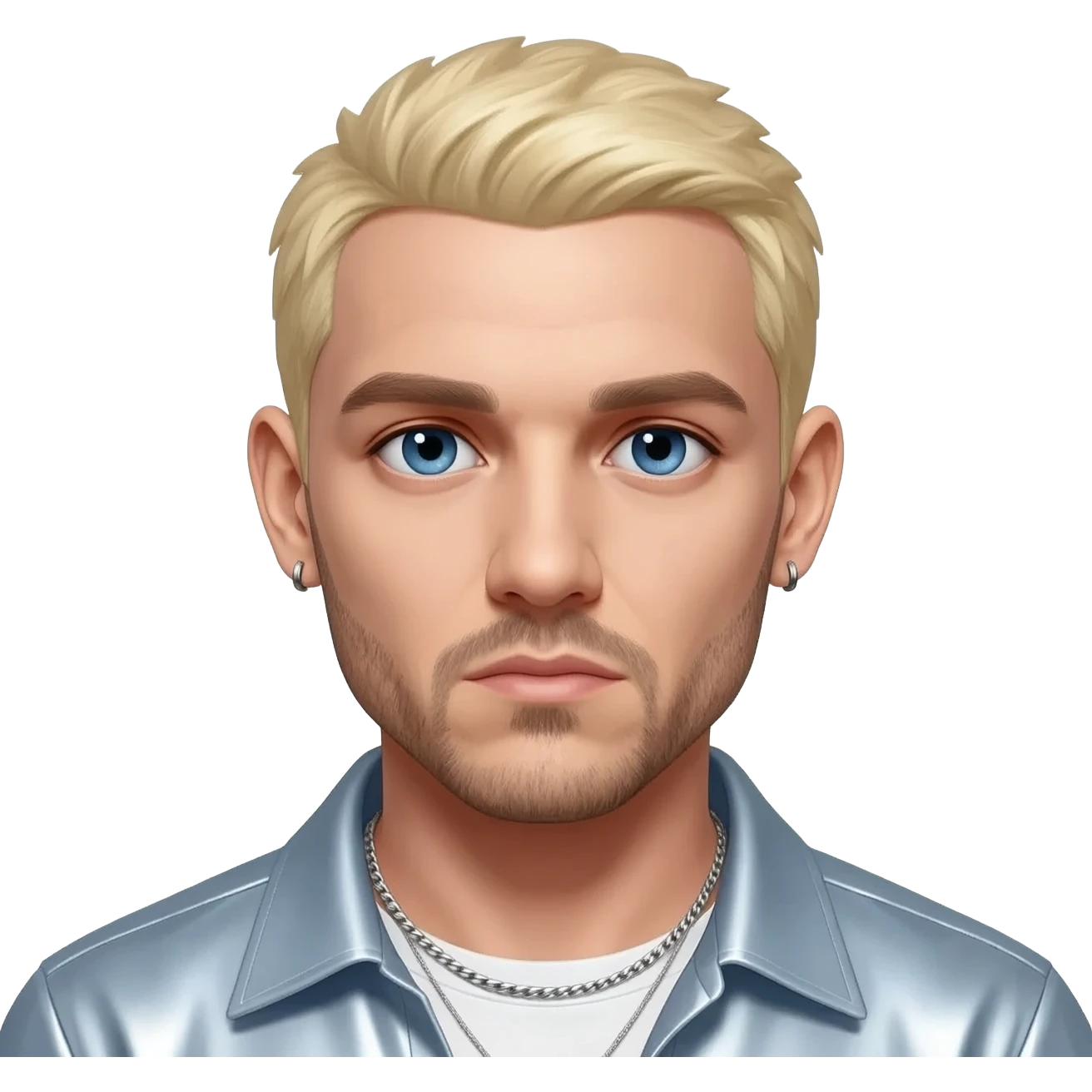 Eminem with blue eyes, blonde hair, light steel blue metallic shirt, silver necklace and short earrings emoji