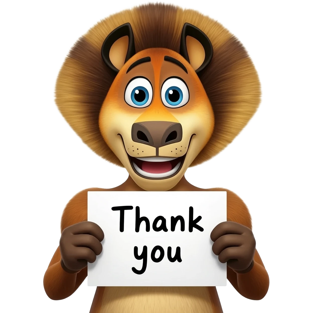 happy excited mort from madagascar with a thank you sign and confetti around emoji