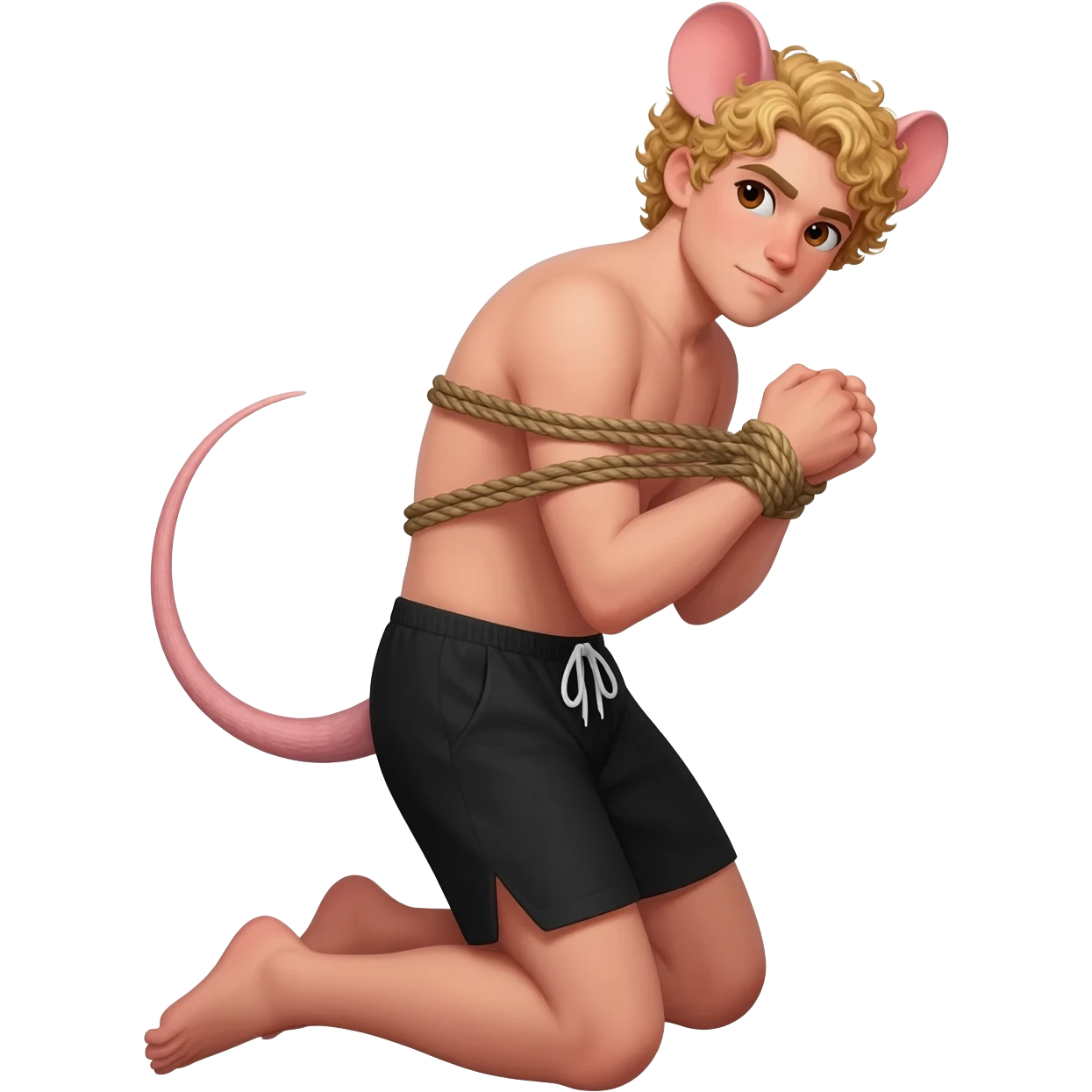 man with brown eyes, curly blond hair. he has rat tail and rat ears. he dressed in black shorts. he is on his knees. her arms are tied up with ropes emoji