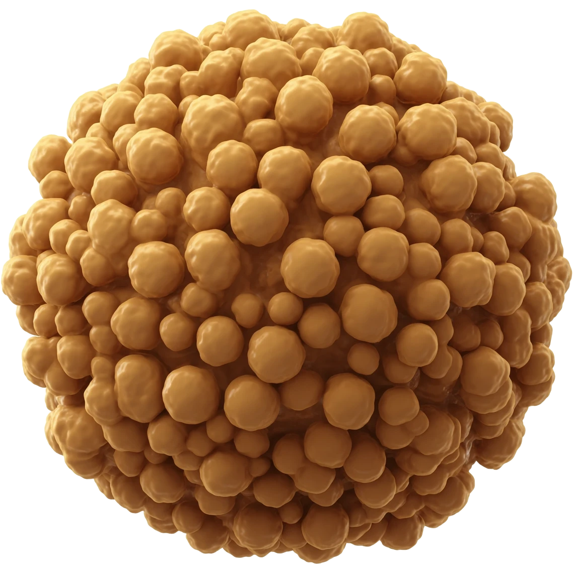 Hyper-realistic 3D medical illustration of brown adipose tissue isolated on a neutral background, dense granular golden-brown clusters with smaller multilocular fat droplets, rich textured surface, soft studio lighting, highly detailed, scientific educational style, no human body. emoji