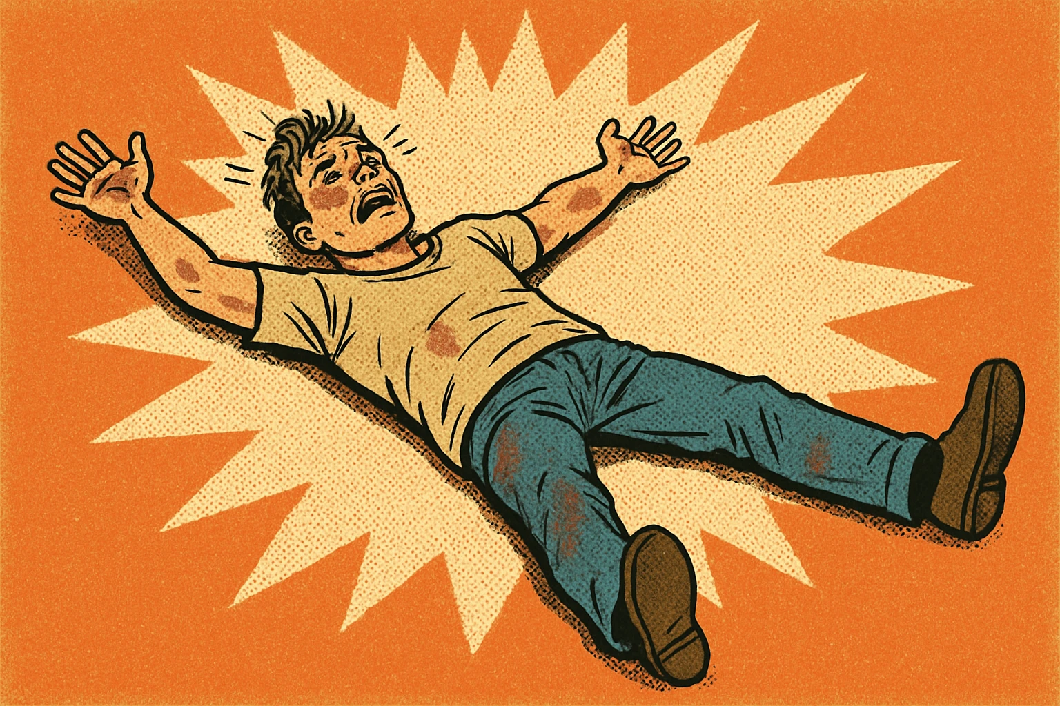 person lying face up, arms and legs spread, looking exhausted and hurt, comic style emoji