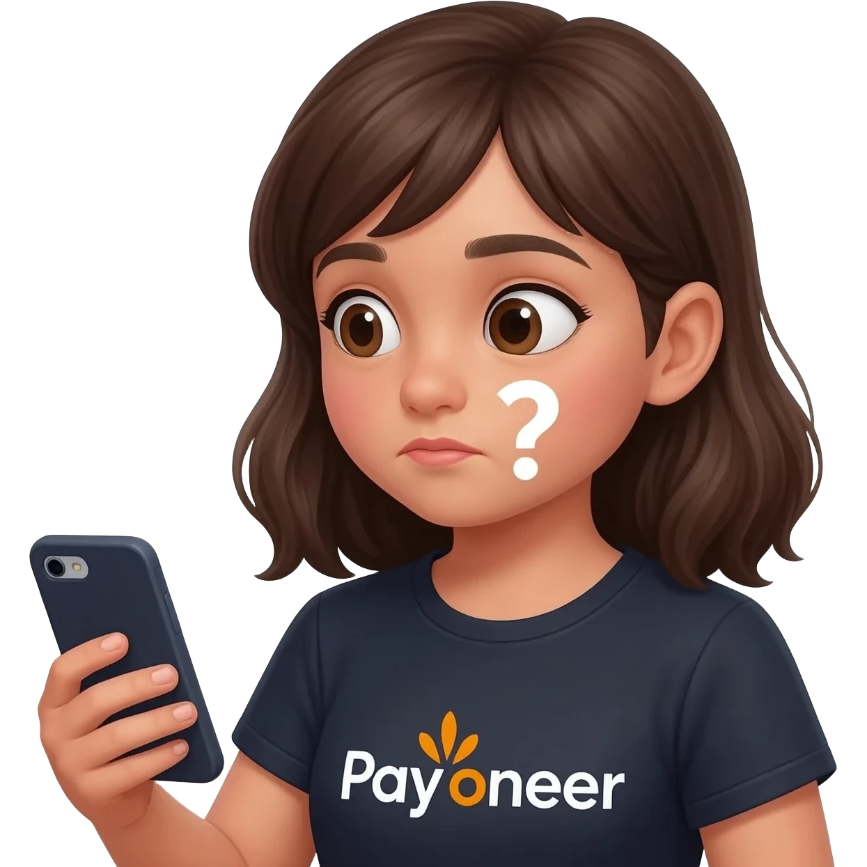 Girl looking at her phone with wondering face and a question mark wearing dark tshirt with payoneer logo emoji