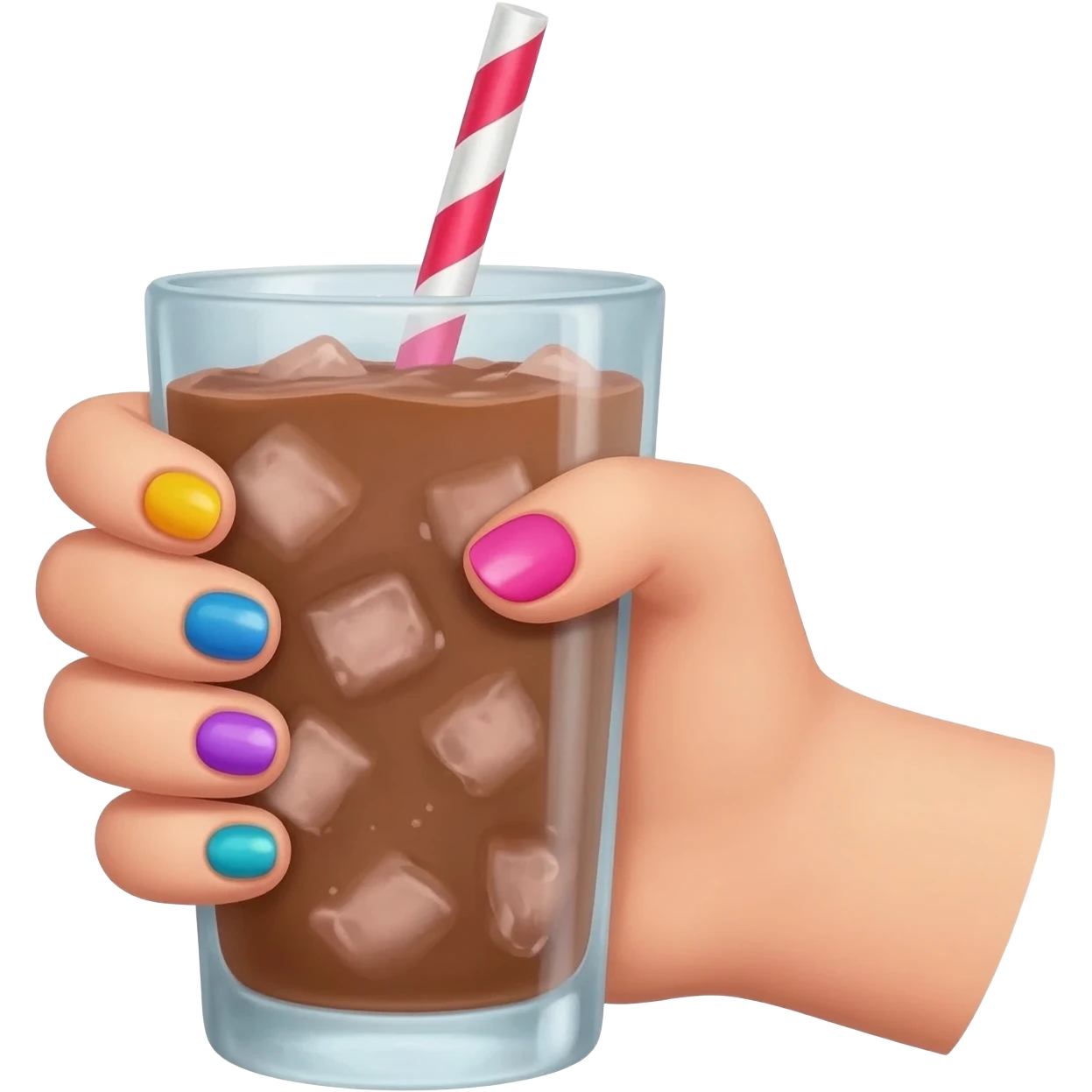 chocolat froid dans un grand verre avec une paille tenue par le bout d’une jolie main de femme avec une belle manucure Style Pinterest réaliste emoji