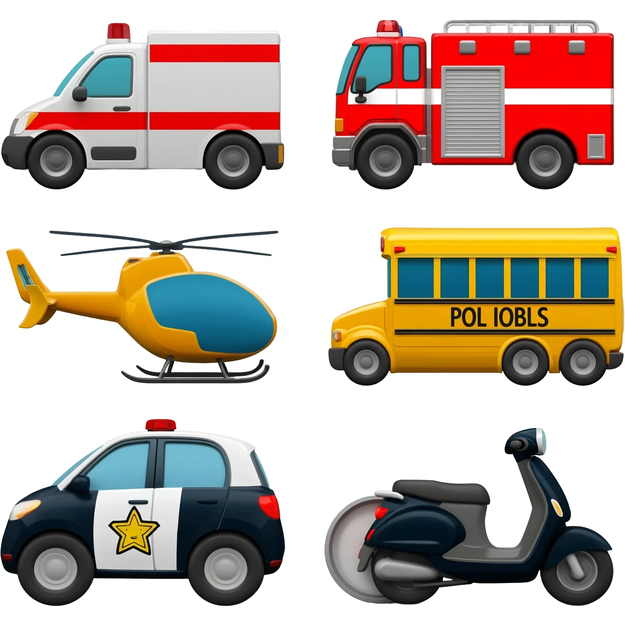 🚂 Train  🚑 Ambulance  🚒 Fire Truck  🚲 Bicycle  🚓 Police Car  🚁 Helicopter  🚌 School Bus  🚗 Car  🛵 Scooter  🚜 Road Roller icons  banavi dee emoji