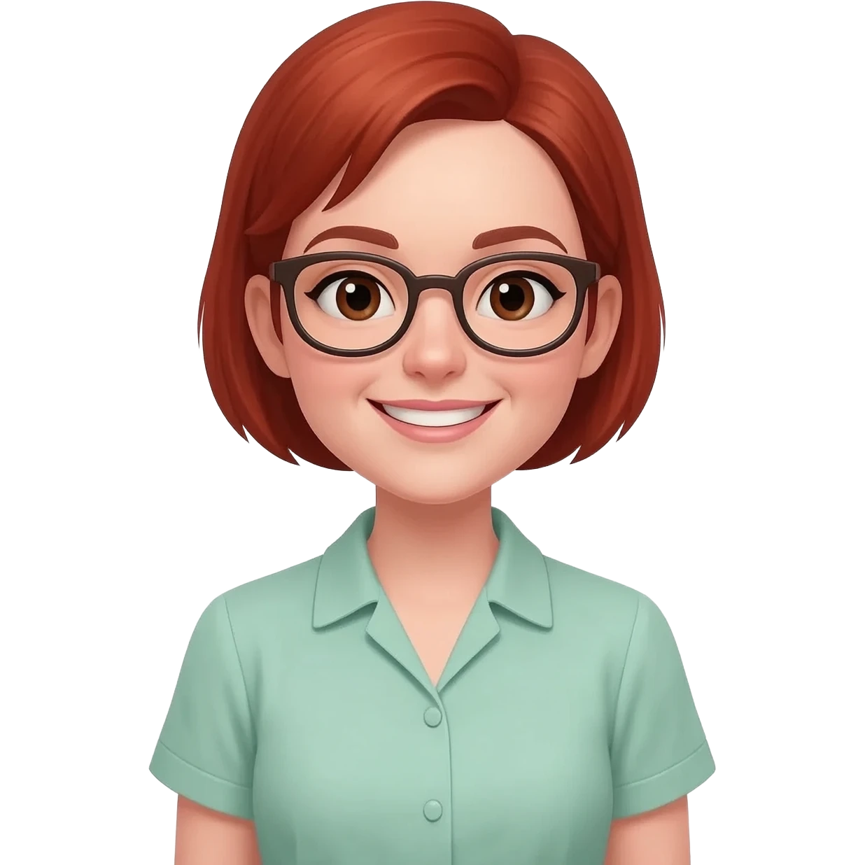 create an emoji of a woman, pale skin (at least not tanned), smile. she has a practical oldie look, very very short red hair (over her ears), glasses, dark brown eyes, natural lips. she wears a light mint green blouse short sleeve emoji
