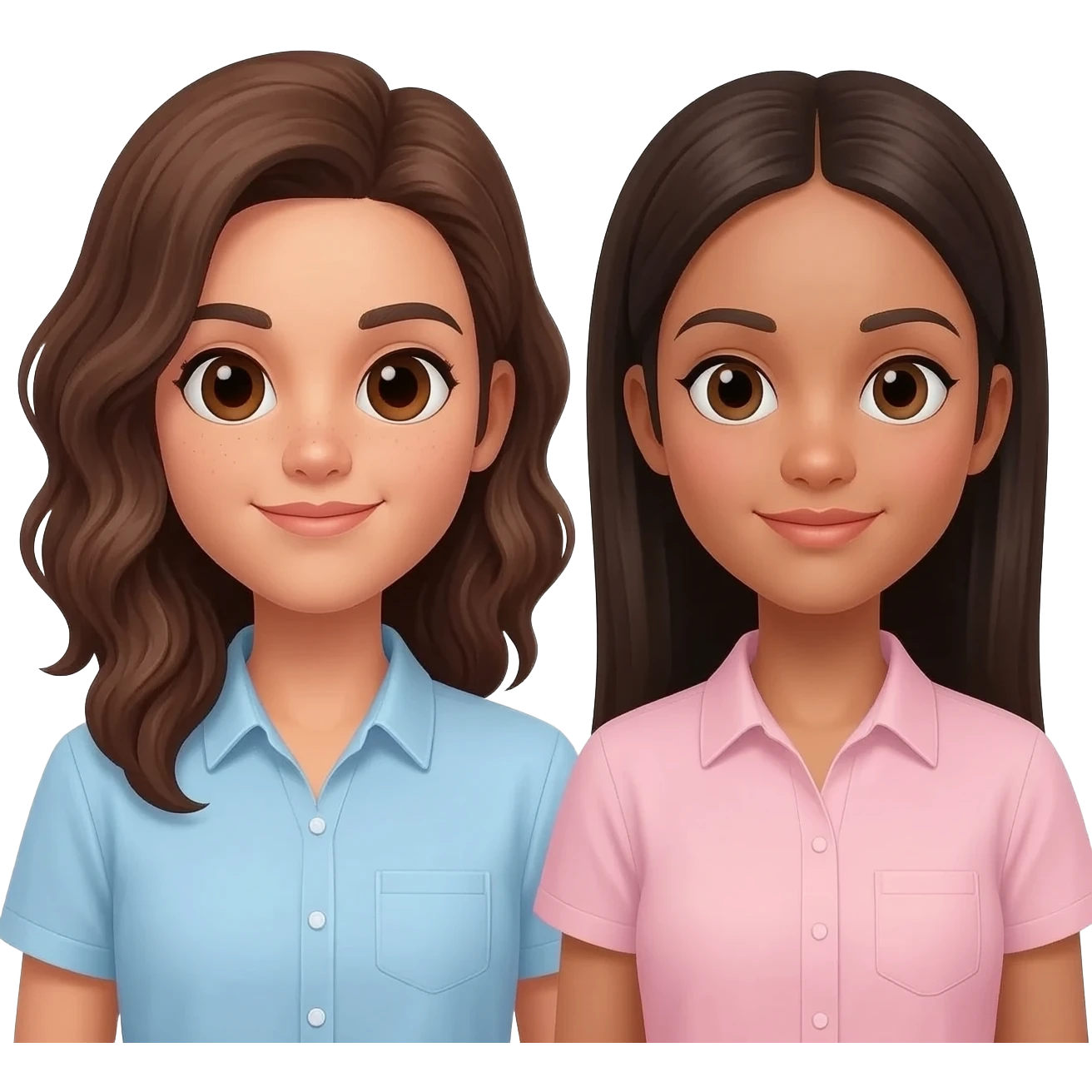 no bangs two friends one has toasted skin brunette wavy longish hair light blue shirt . other is straight dark brown hair long natural skin tone light pink shirt emoji