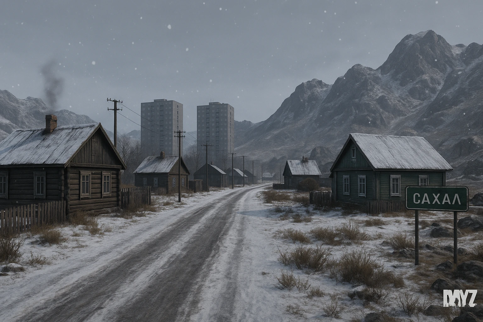 a view of the city street in a videogame: DayZ - in  Sakhal - snowy steppe tundra, rustic cabin houses, tall apartment blocks in the distance, mountainous and rocky terrain emoji