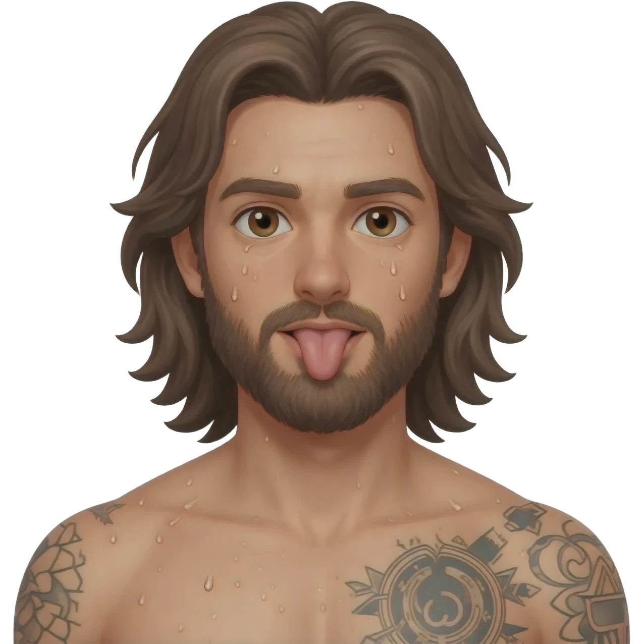Male brunette long hair, brown eyes beard, tattoos, nude, sweating with tongue out emoji