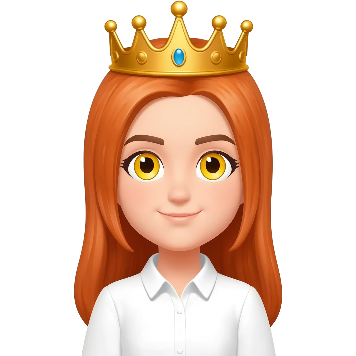 White girl with orange long straight hair and yellow eyes with a crown on her head and a white shirt on brown eyebrows and her hair to the side not on her forehead emoji