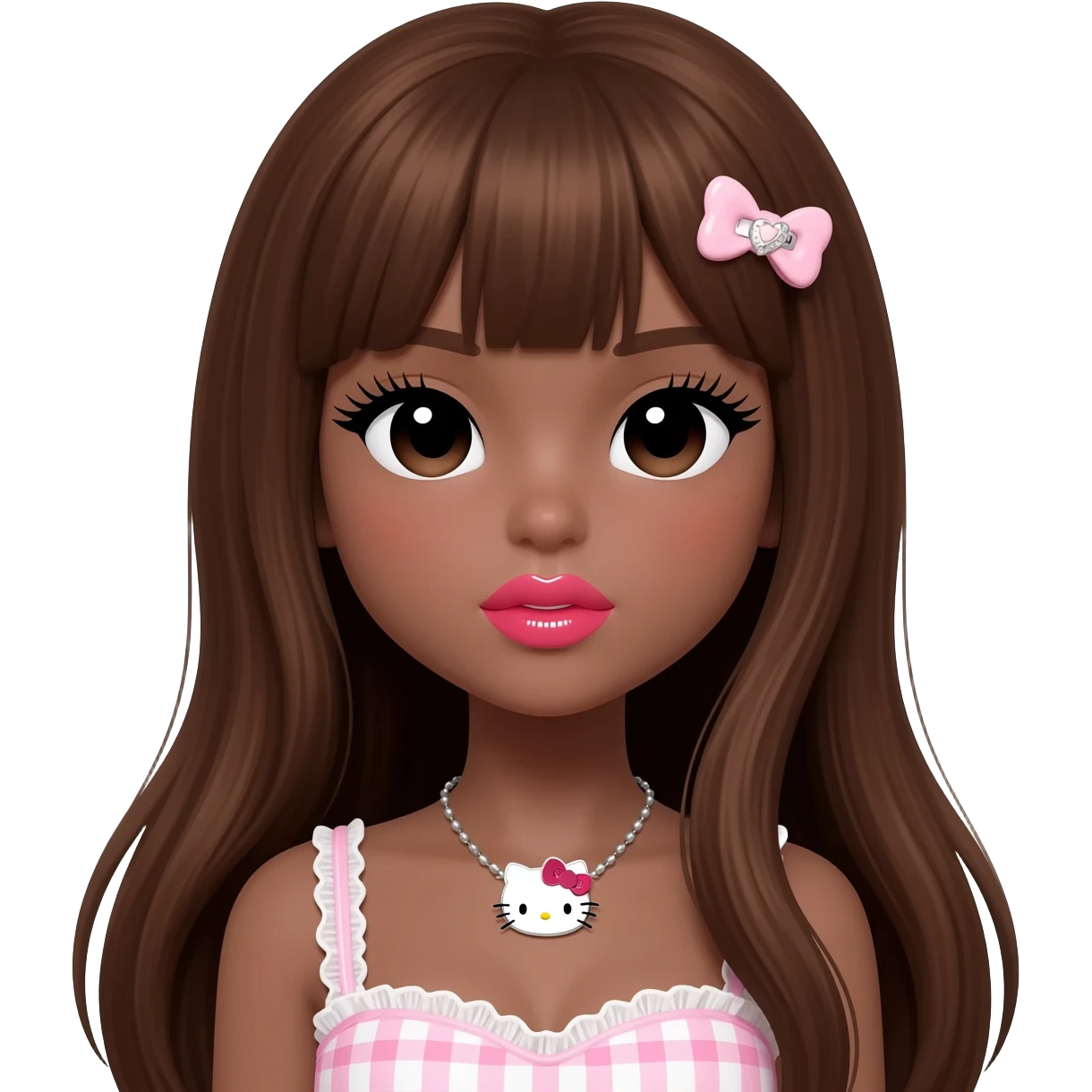 heart shaped lips, cute glossy lips, doll eyes with long lashes, dark brown skin, long brown hair, big chest, hello kitty necklace, one bow clip, bimbocore outfit emoji