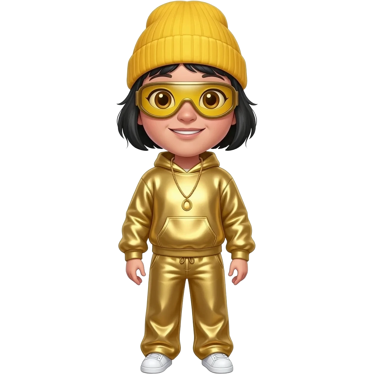 Ali G from Ali G Indahouse with fair skin, brown eyes, black short hair, yellow goggles, yellow beanie, gold metallic sweatshirt, gold metallic wide leg sweatpants, gold necklace emoji