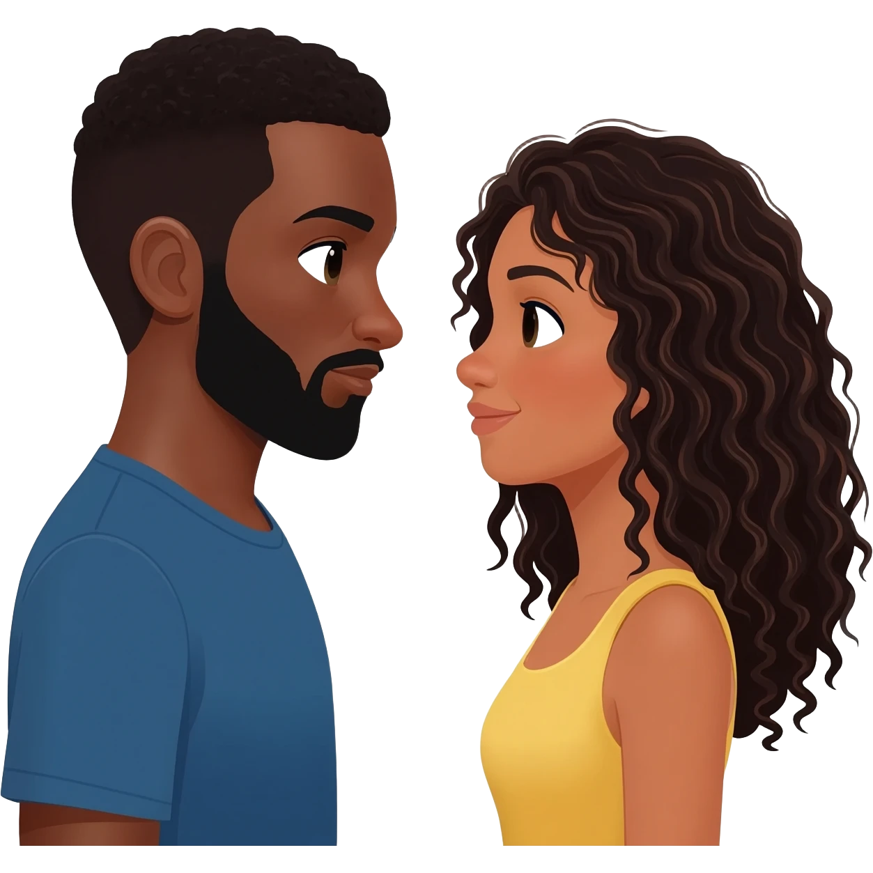 Homem Negro com cavanhaque e mulher branca. cabelos cacheados e preto longo emoji