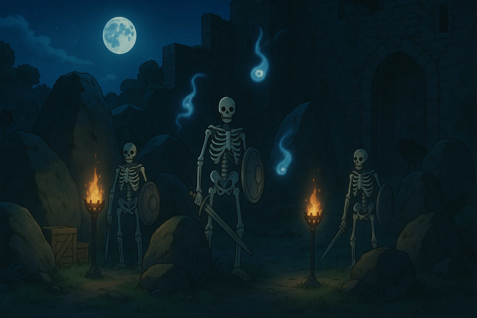 midnight within the ruins of abandoned castle yard, protrude boulders, amid iron torches and crates tucked behind, skeleton warriors, wisps, and wolves linger just in the edge of view behind scenery emoji
