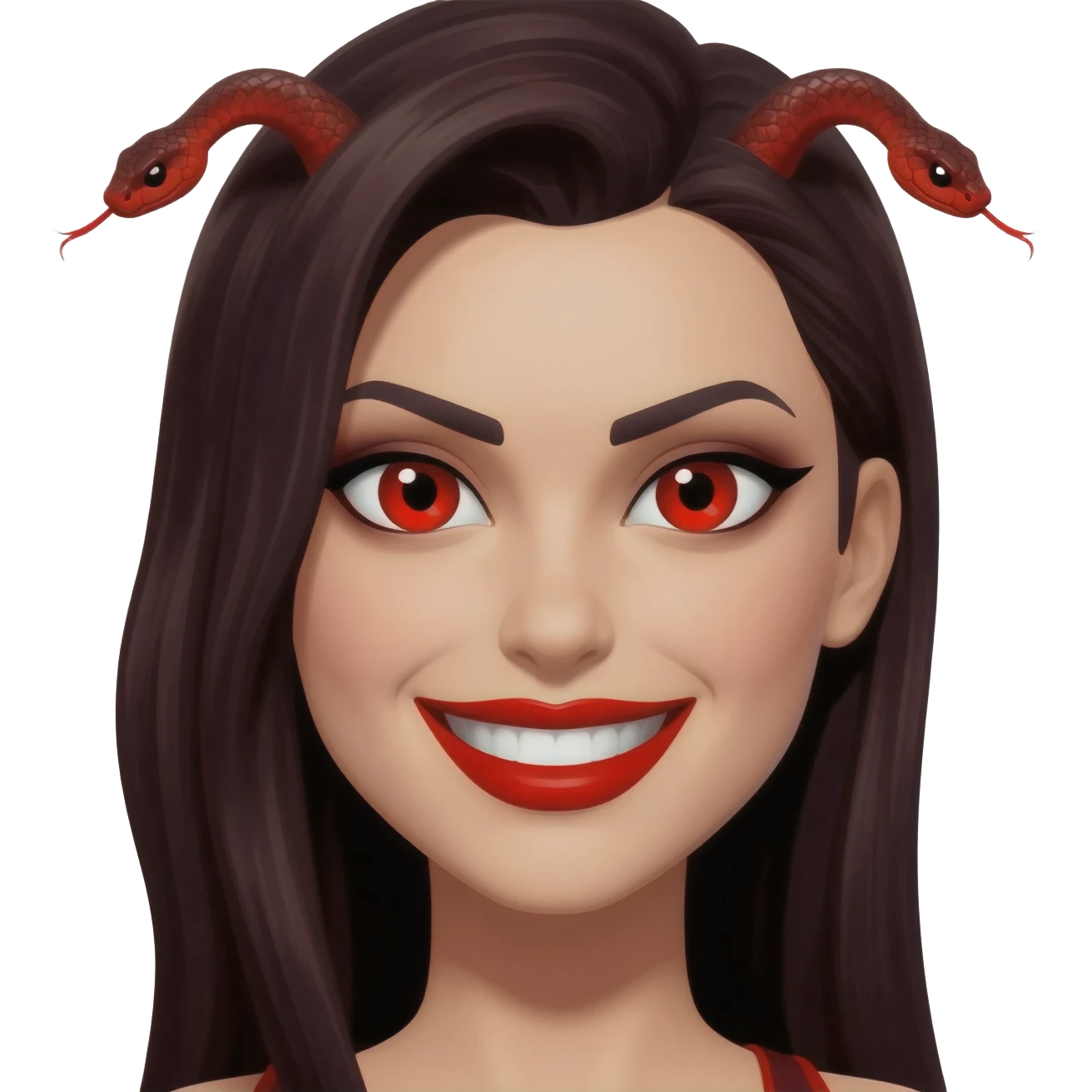 Prostitue with red snake eyes wearing red lipstick and has an evil smile emoji