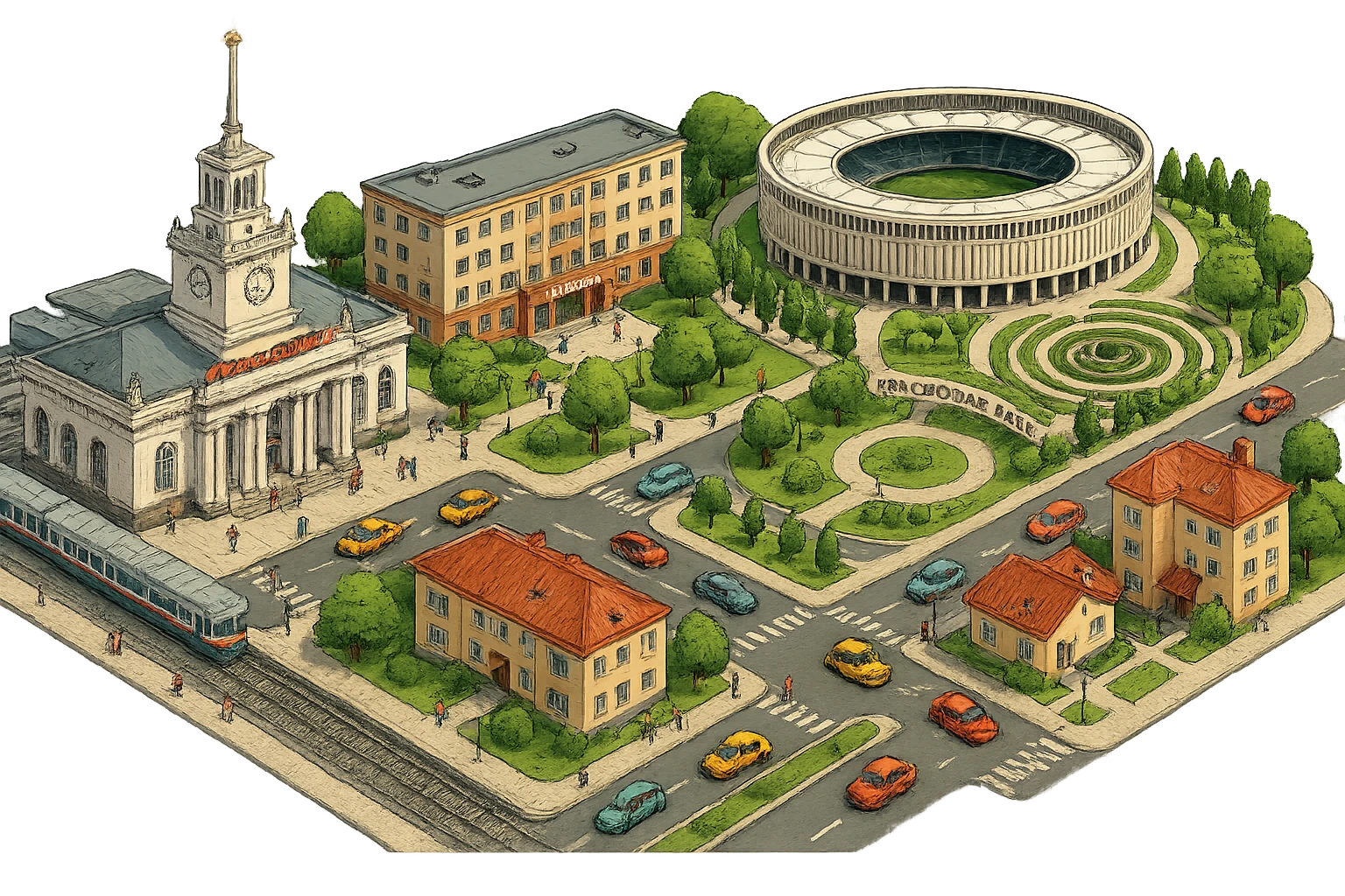 Изометричная миниатюрная фотореалистичная 3D модель панорамы Краснодара - вокзал Краснодар, КубГМУ, парк Краснодар со стадионом, краснодарские дома, автотранспорт четкие линии, яркие цвета, мультяшный реализм, люди, автотранспорт, компактная композиция, вид сверху в изометрии, прозрачный фон emoji