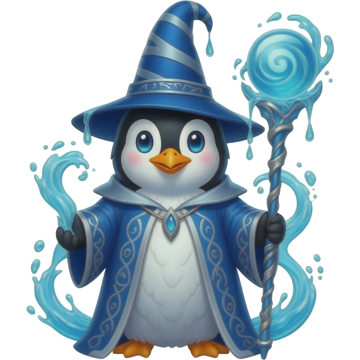 Vibrant water wizard penguin with black-and-white feathers and glowing deep-blue eyes. Wearing flowing blue-and-silver robes with wave runes and tall wizard hat with cascading water. Holding ornate staff with swirling liquid orb. Swirling blue water streams and bubbles emanate from its body emoji