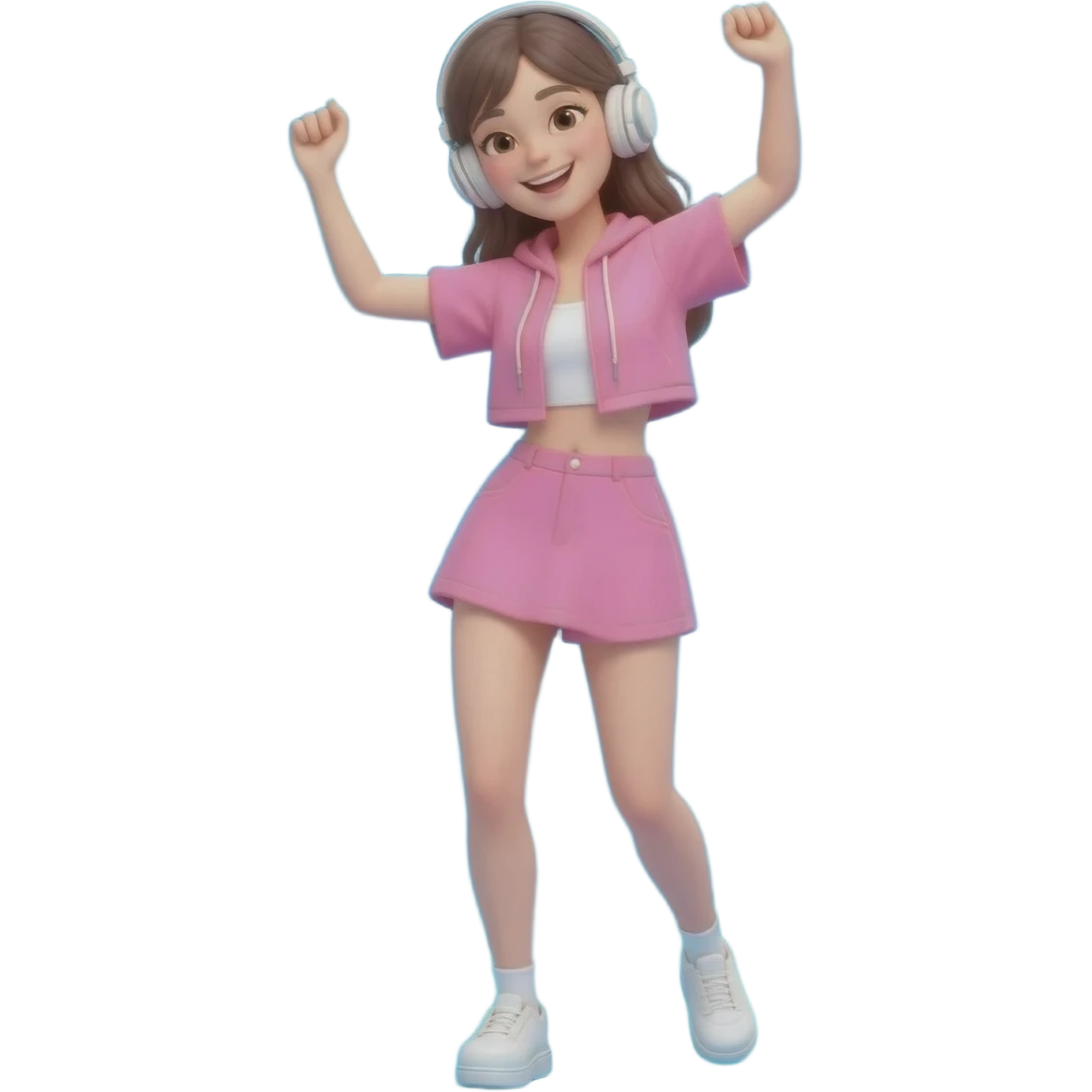 Pretty girl in pink clothes and in white headphones dances with pleasure in the midst of studio blue backdrop, copy space, high quality video emoji