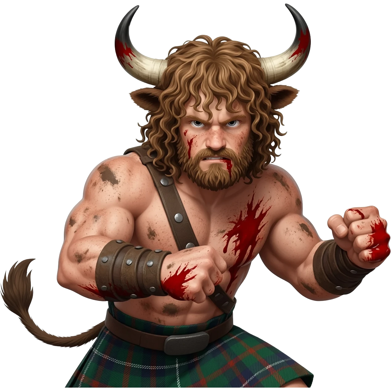 big buff curly hairy man covered in dirt and blood with freckles with messy light brown bangs that covers his face completely with bull horns and bull ears and bull tail dressed in kilt fighting posture closeup emoji