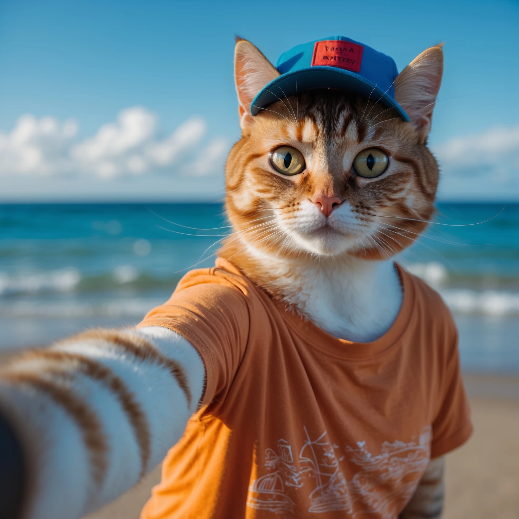 Orange tabby cat in a t-shirt and cap taking selfies against the background of beach and blue sea, shot with an 85 mm f/11 lens, ISO 100, 8K RAW, no blur emoji