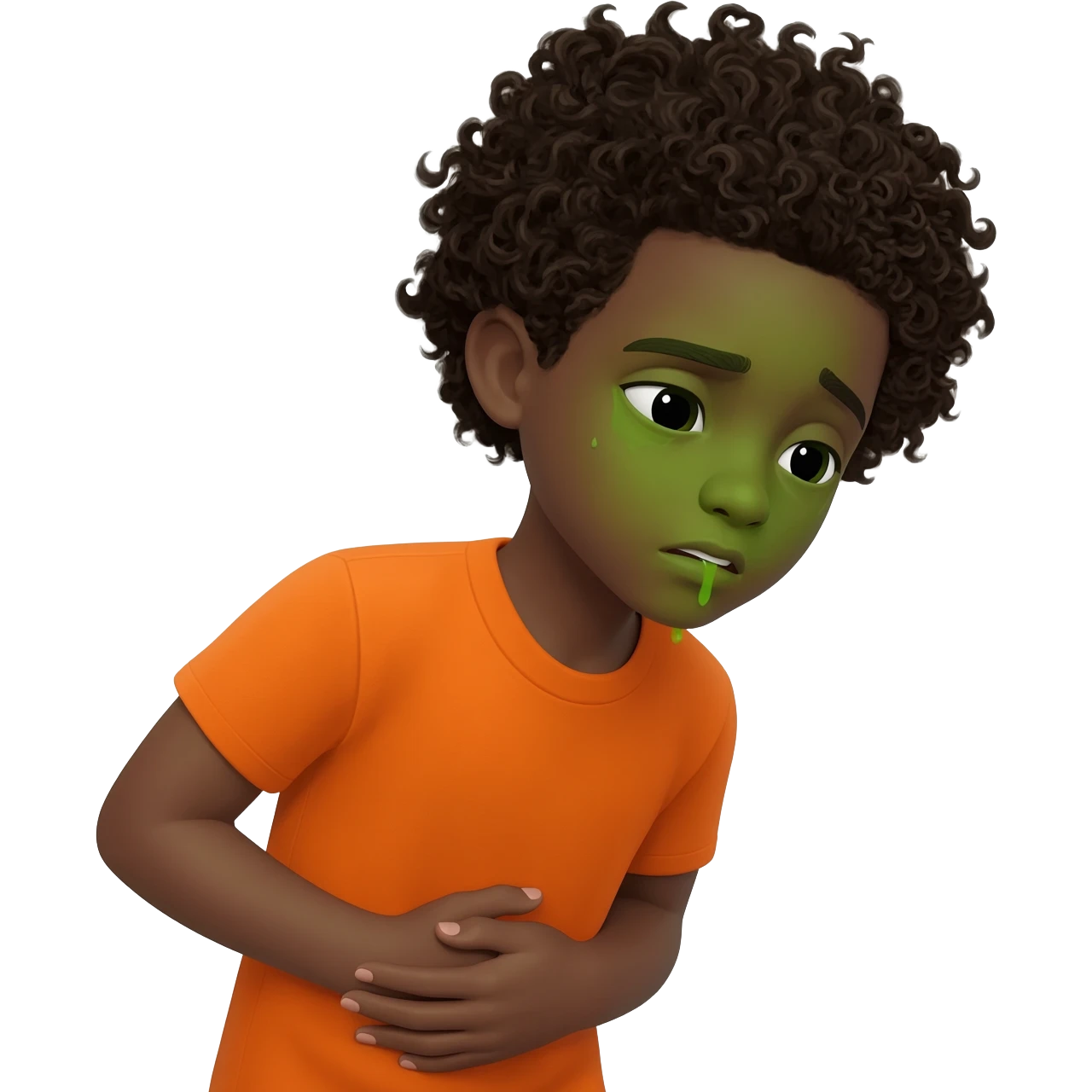 black boy curly hair orange shirt feel sick throw up hand on stomach green face emoji