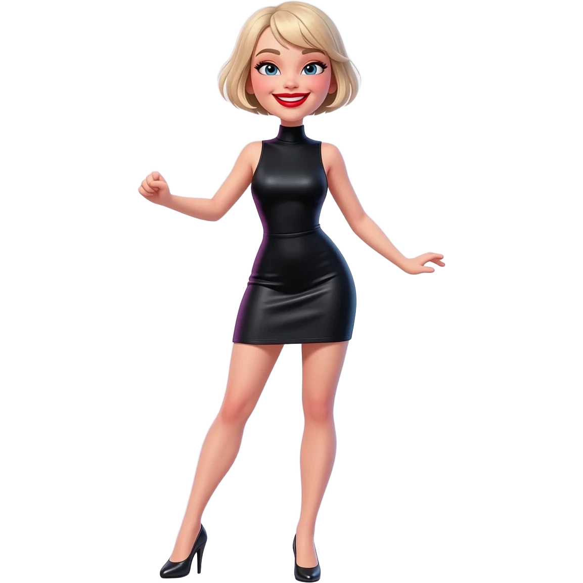 dancing woman in  the club in black bodycon sleeveless turtleneck mini dress blonde very short pixie hair red lipstick smile emoji
