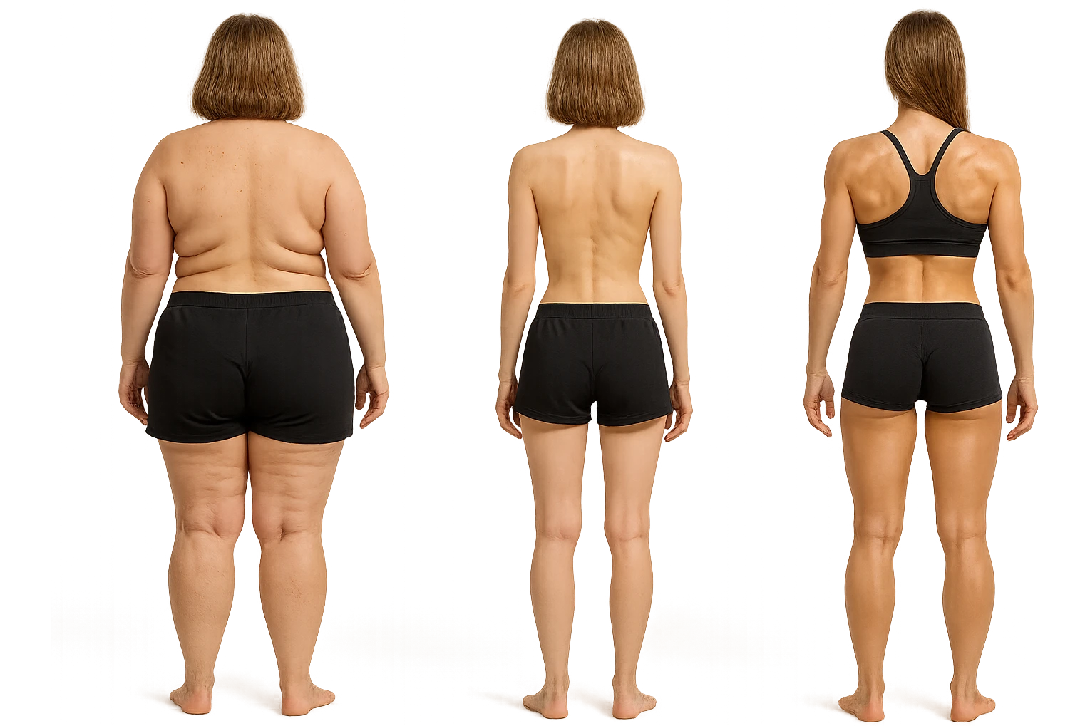 fai una donna di spalle in gym shorts leggermente sovrappeso e con cellulite e accanto una seconda donna di spalle magra (che è dimagrita post dieta) e accanto una terza donna in forma allenata e con le giuste proporzioni, l'immagine deve rappresentare il processo: da donna grassa, a donna piatta e magra, a donna allenata e in forma con i giusti muscoli, iperrealistico 4k emoji