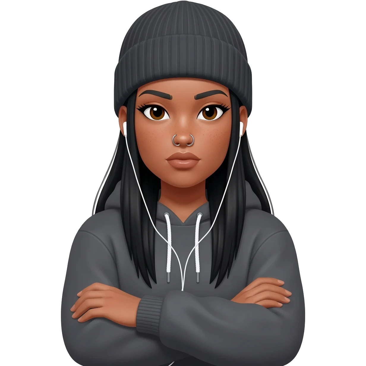 White curvy female with long straight black hair wearing a beanie and standing with arms crossed wearing a hoodie and both nose piercings listening to music emoji