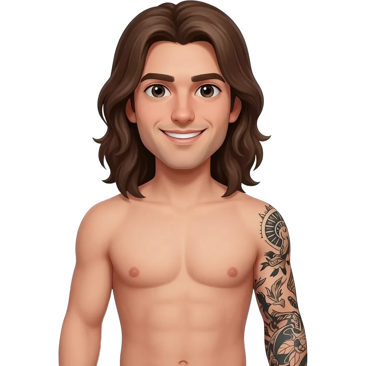 Male brunette, brown hair, long, tattoos on the arm sleeve fully nude with a humungous shape shaped big penis emoji