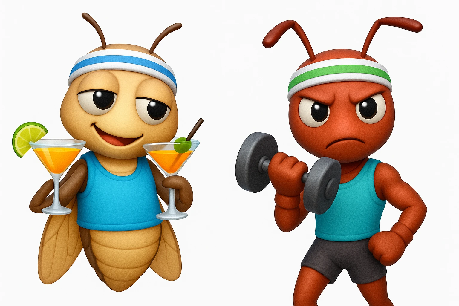 EMOJI STILE IPHONE 3D DI UNA CICALA E UNA FORMICA IN ABITI FITNESS, LA CICALA HA IN MANO UN COCKTAIL MENTRE LA FORMICA HA IN MANO UN MANUBRIO DA PALESTRA. L'IMMAGINE RAPPRESENTA IL FATTO CHE LA FORMICA VOGLIA IMPEGNARSI REALMENTE PER CAMBIARE IL SUO FISICO MENTRE LA CICALA SI VUOLE DIVERTIRE E NON CONCLUDE NULLA ALLA FINE emoji