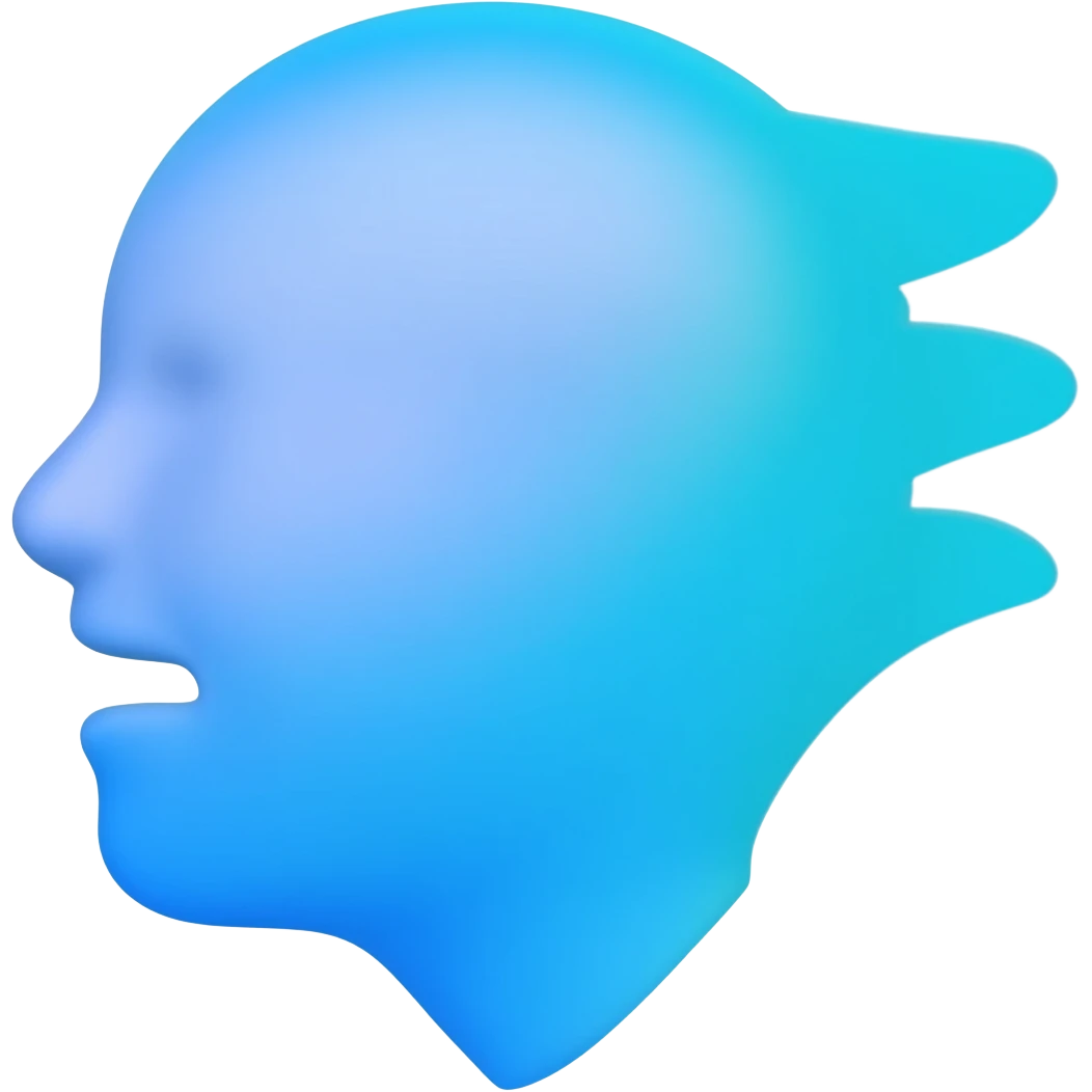 Emoji 3D de rosto de perfil soprando vento, estilo gradiente azul e branco, fundo transparente. emoji