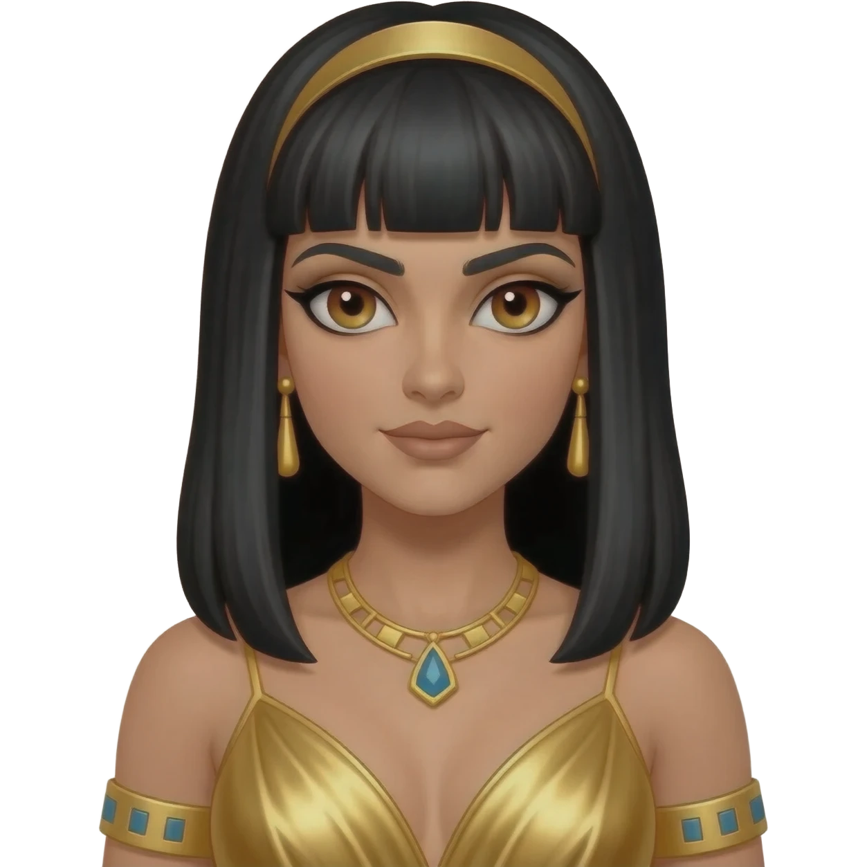 Cleopatra with hazel eyes, long black hair, gold metallic dress, gold necklace and earrings emoji