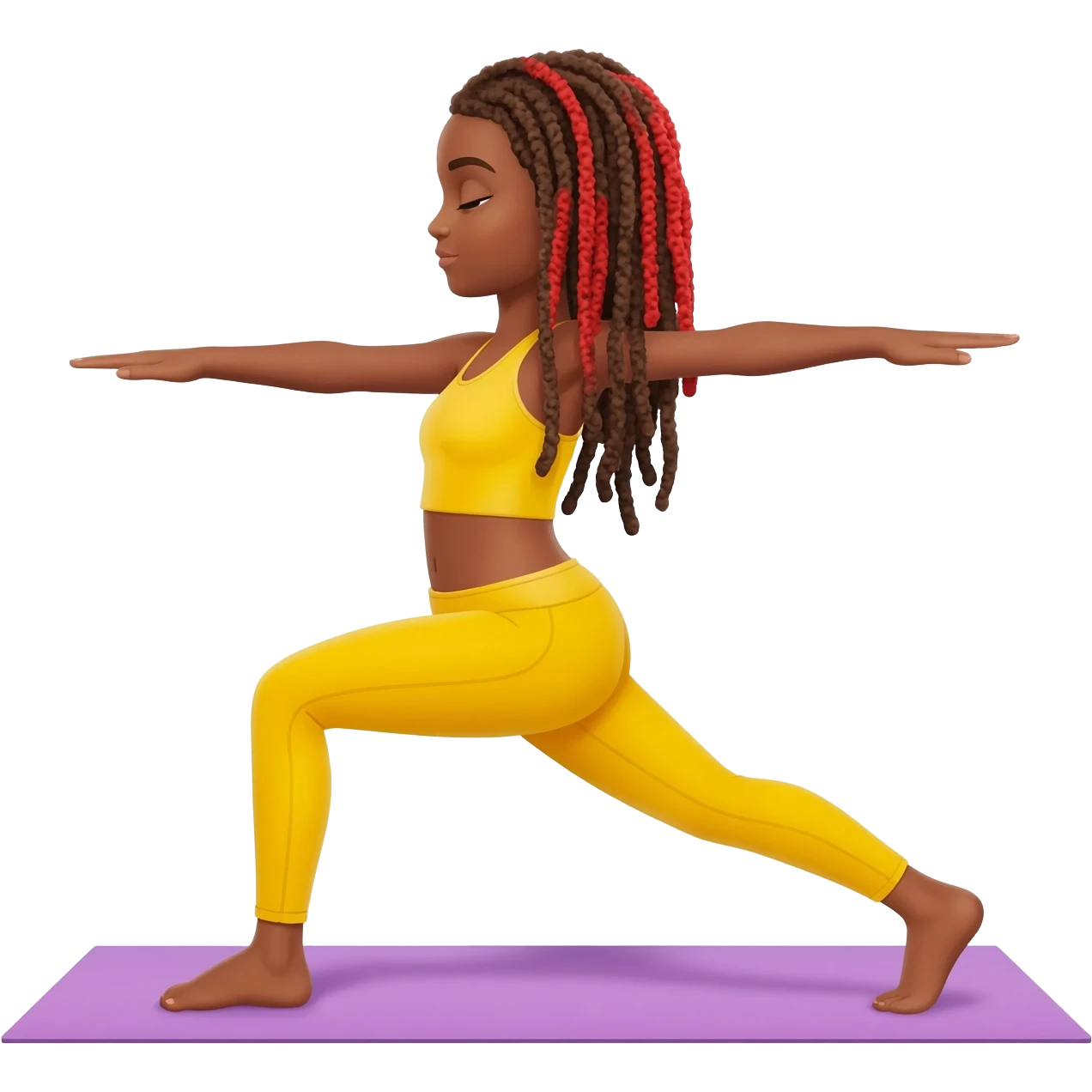 African American girl with long dreadlocks brown with red tips,  In yellow working out clothes in various Pilates poses emoji
