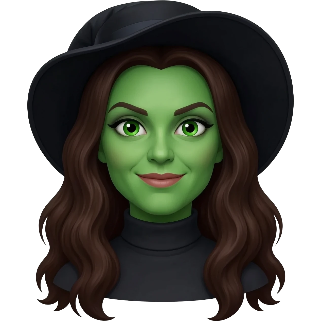 The Wicked Witch from The Land of Oz with green eyes, green skin, long dark brown hair, black turtlneck dress, black hat emoji