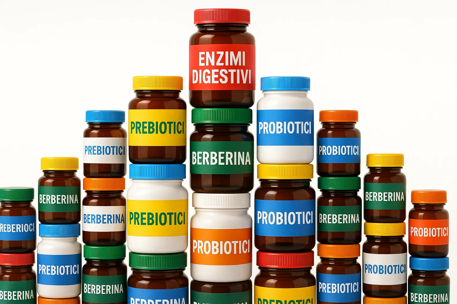 montagna di barattoli di integratori tipo "ENZIMI DIGESTIVI", "PREBIOTICI", "PROBIOTICI", "BERBERINA" con etichette in italiano emoji