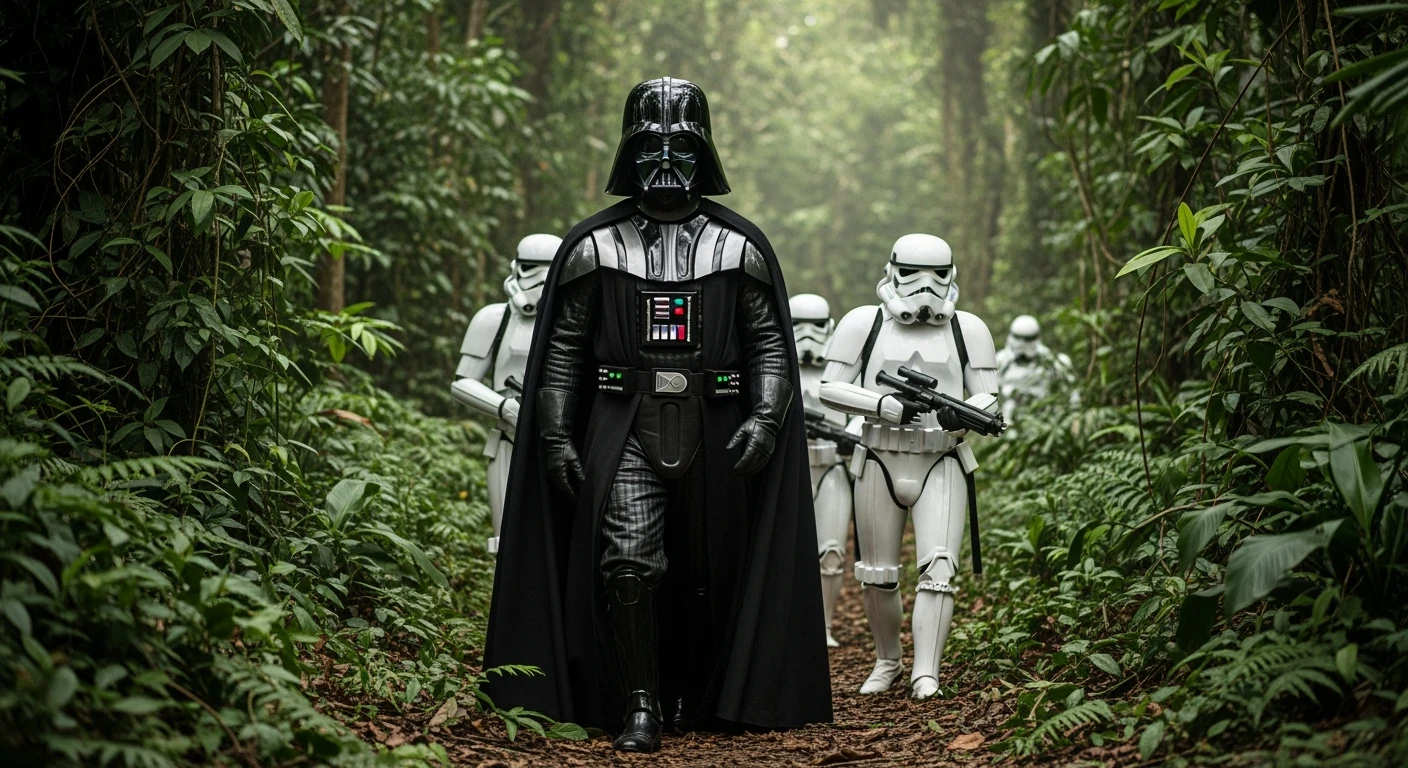 cinematic still, amazon jungle, well lit scene, Darth Vader around stormtroopers is exploring the jungle, close up, front shot, rule of thirds, captured by arri alexa emoji