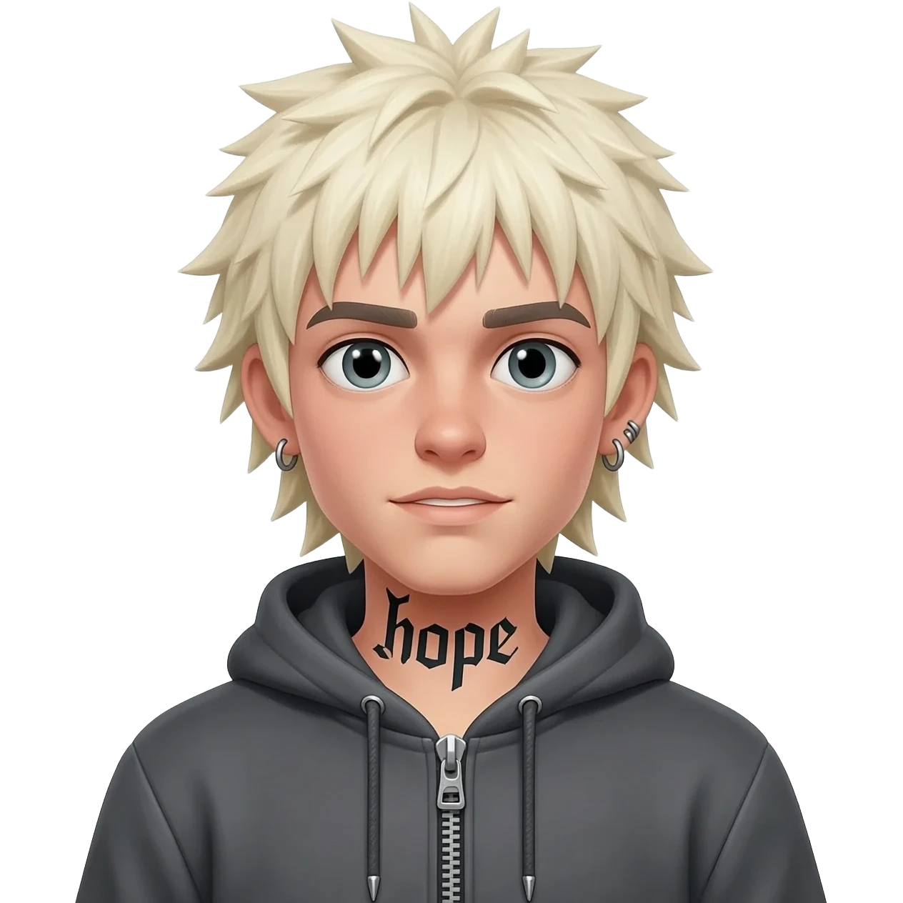 boy skateboard spiky long plantinum yellow hair piercing tatto "hope" hoodie zip emoji