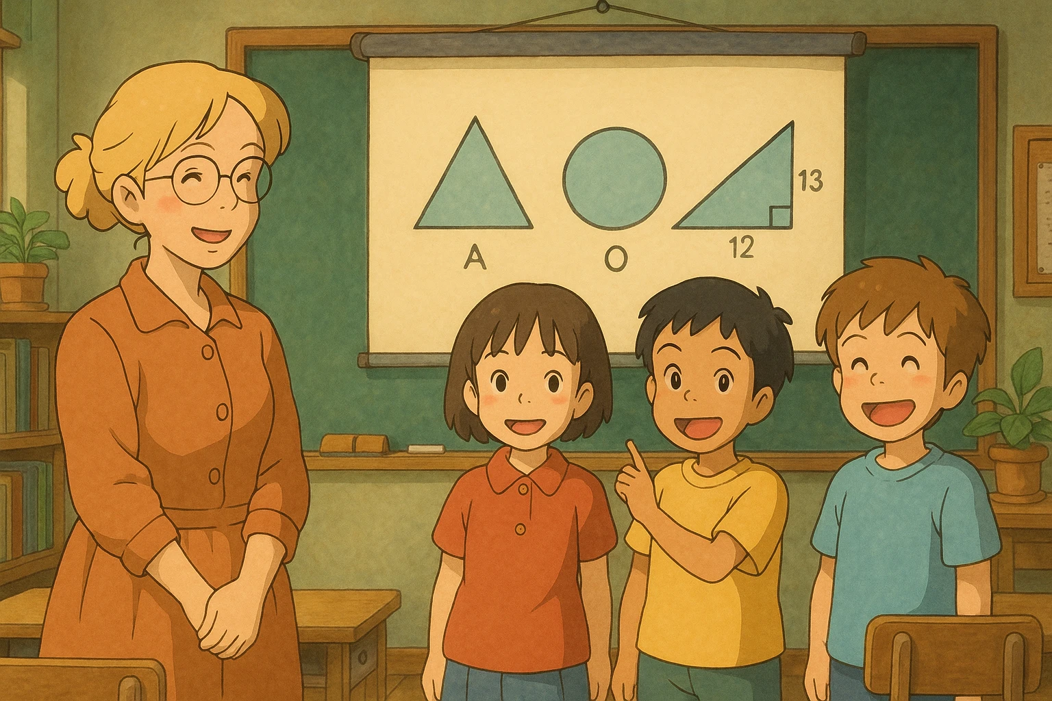 Profesora rubia con gafas redondas y tres estudiantes presentando una diapositiva de geometría, todos sonrientes, estilo ghibli emoji