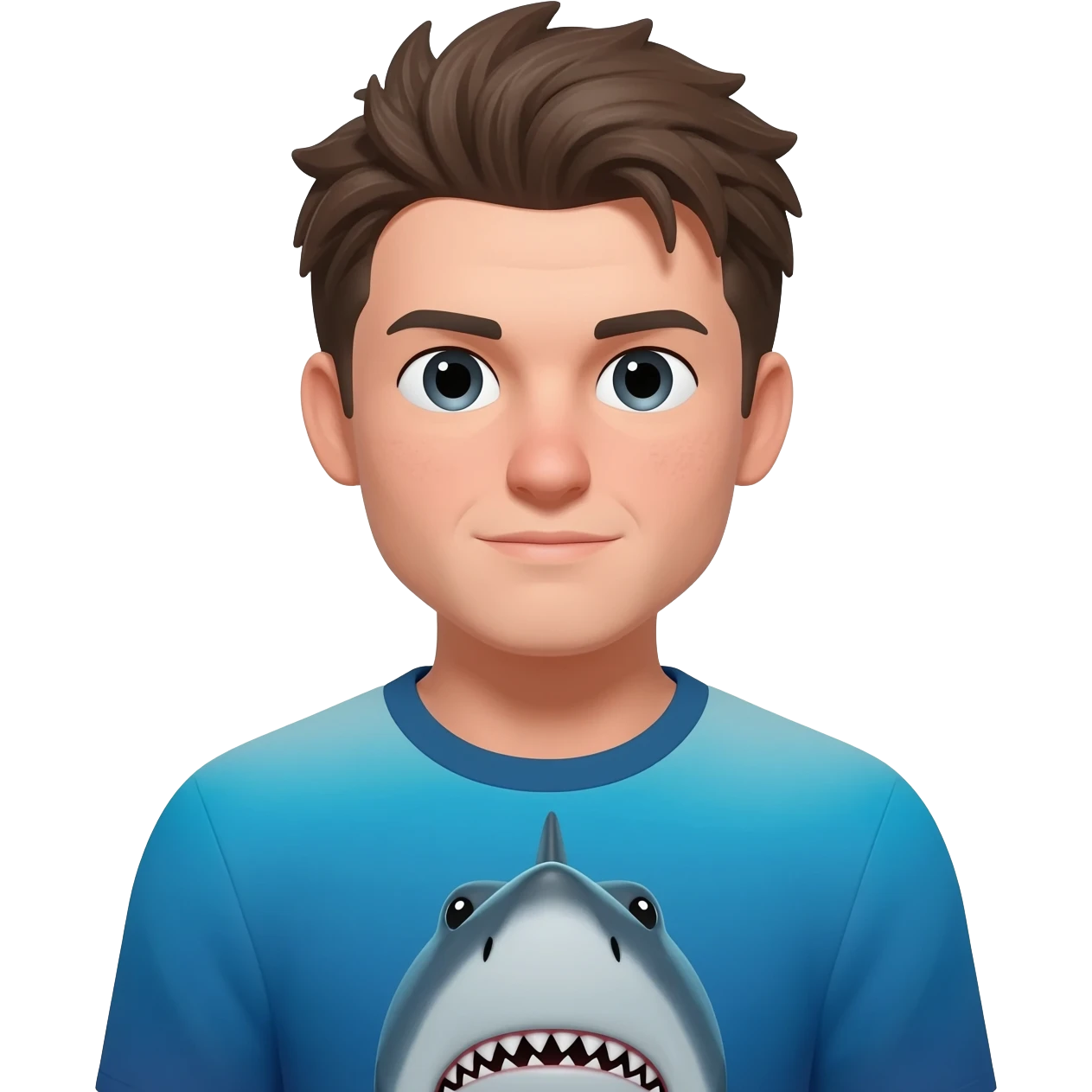a handsome man hair wearing a t-shirt with a shark image on it. emoji
