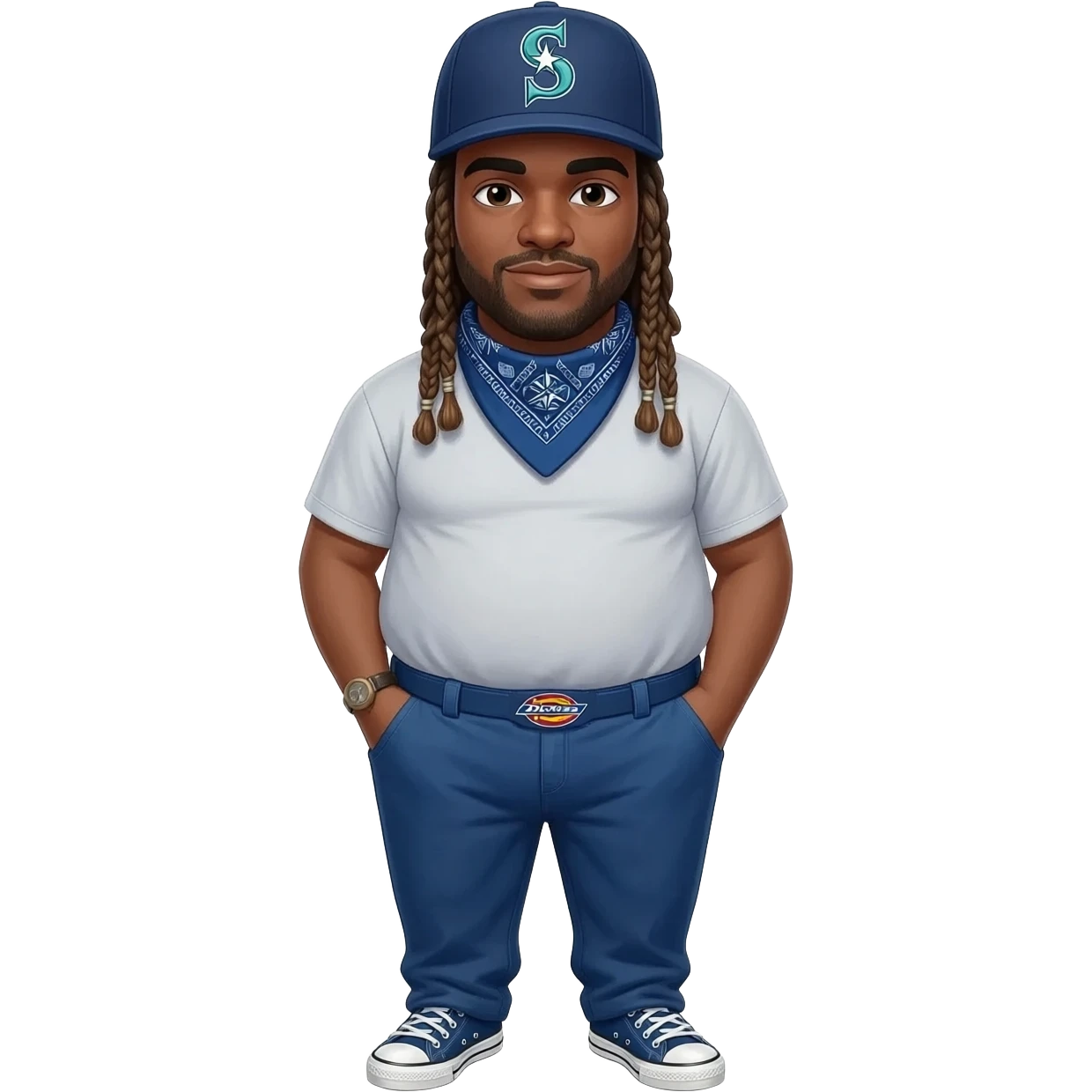 Fat Crip with braids a Seattle Mariners "S" hat blue bandana around neck with blue dickies pants and blue converse all star shoe emoji