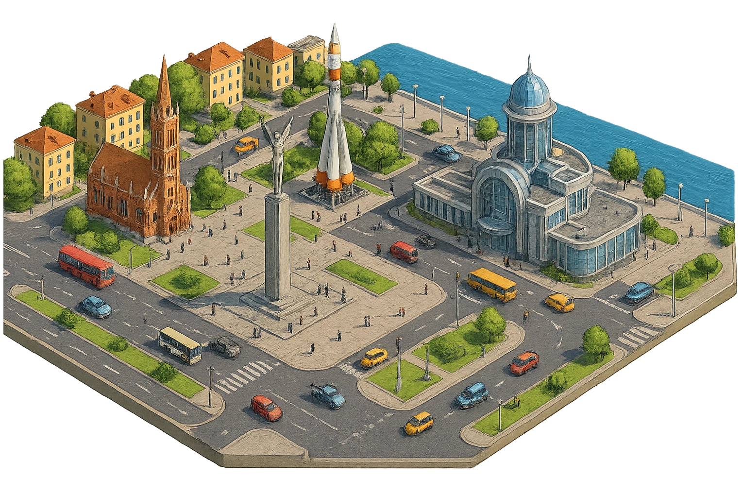 Изометричная чёткая миниатюрная фотореалистичная 3D модель панорамы Самары — Площадь Славы с фотореалистичный Монументом Славы, Памятный комплекс ракеты-носителя «Союз», Храм Пресвятого Сердца Иисуса, Самарский железнодорожный вокзал, набережная Волги, дома, люди, автотранспорт. Вид сверху в изометрии, яркие цвета, мультяшная рисованная реалистичность, прозрачный фон, компактная композиция. emoji